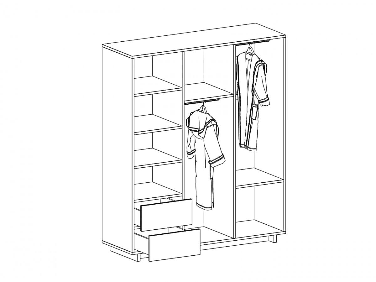 Раскраска Шкаф для одежды с полками, вешалками и ящиками