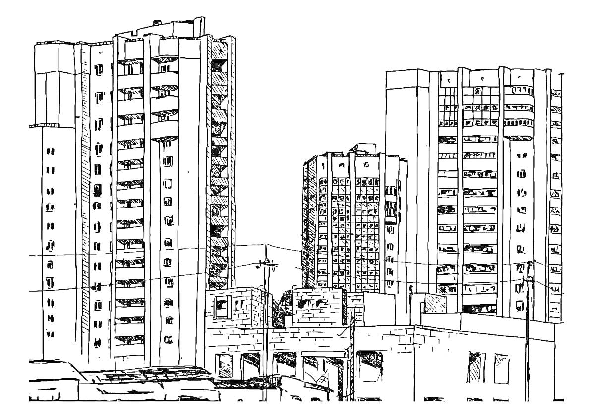 На раскраске изображено: Многоэтажный дом, Фасады, Архитектура, Здания, Городской пейзаж