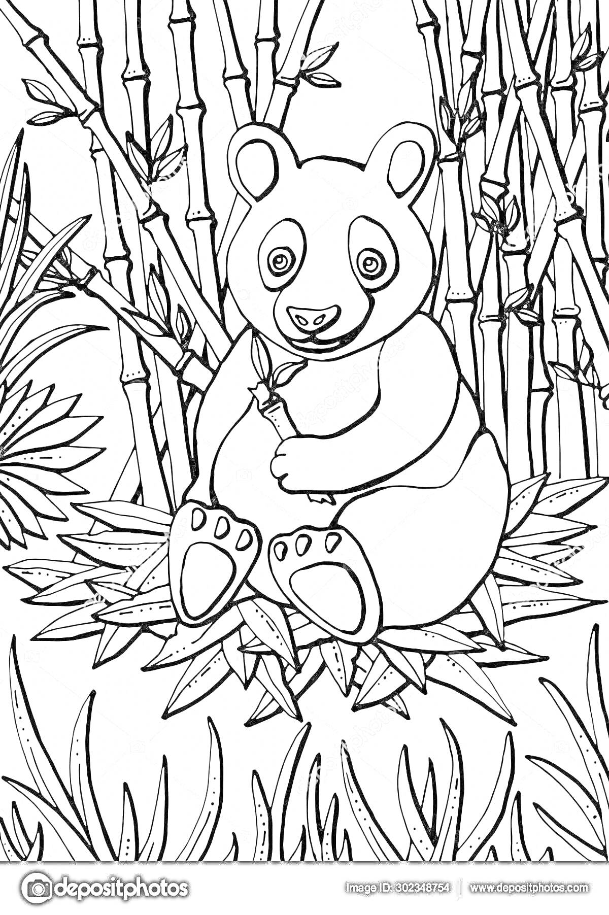 Раскраска Панда, сидящая среди травы на бамбуковых листьях, с веткой бамбука, на фоне стеблей бамбука