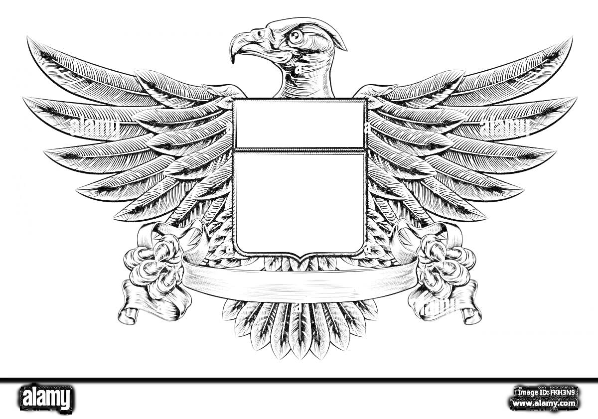 Раскраска Герб города Орла с орлом, распростершим крылья, пустым щитом и лентой в нижней части, украшенной цветочным орнаментом