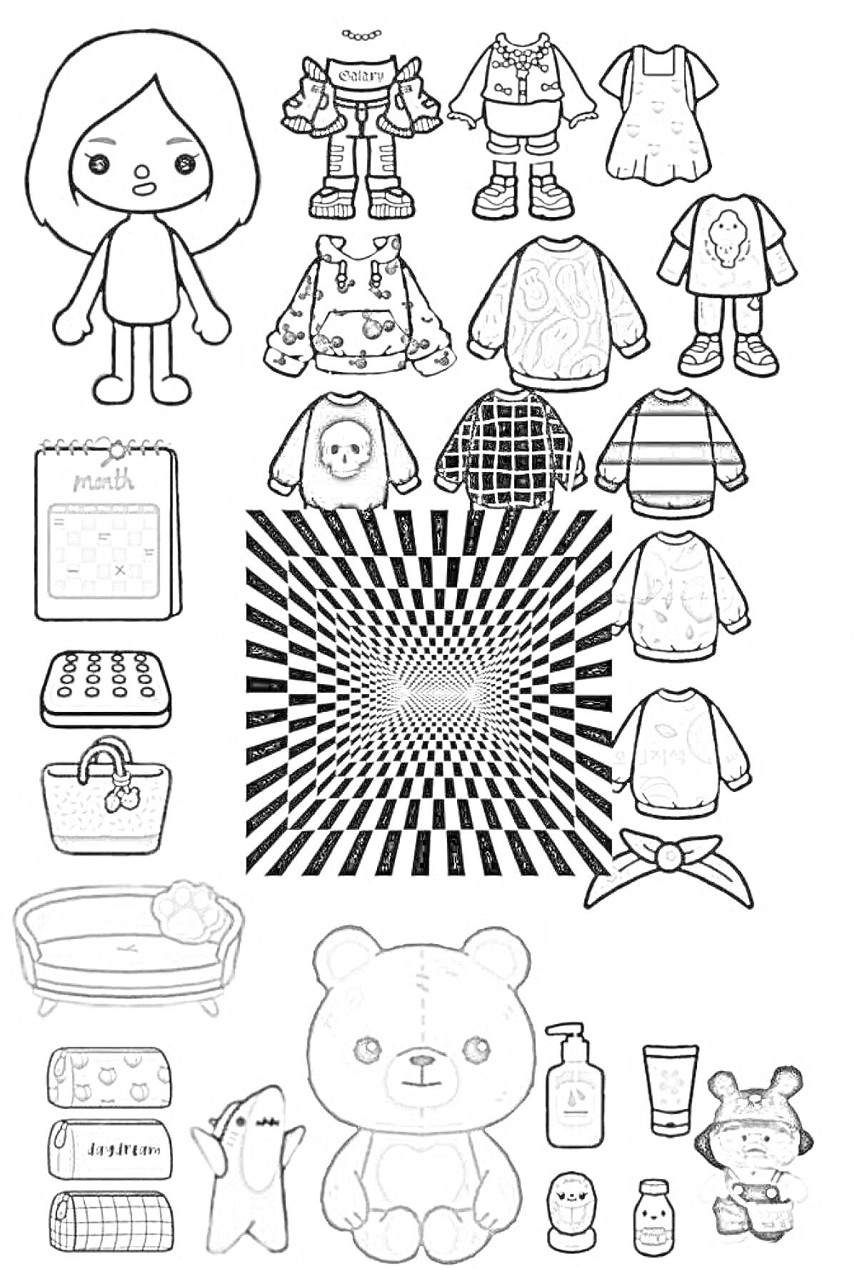 Раскраска с изображением различных предметов и персонажей из 
