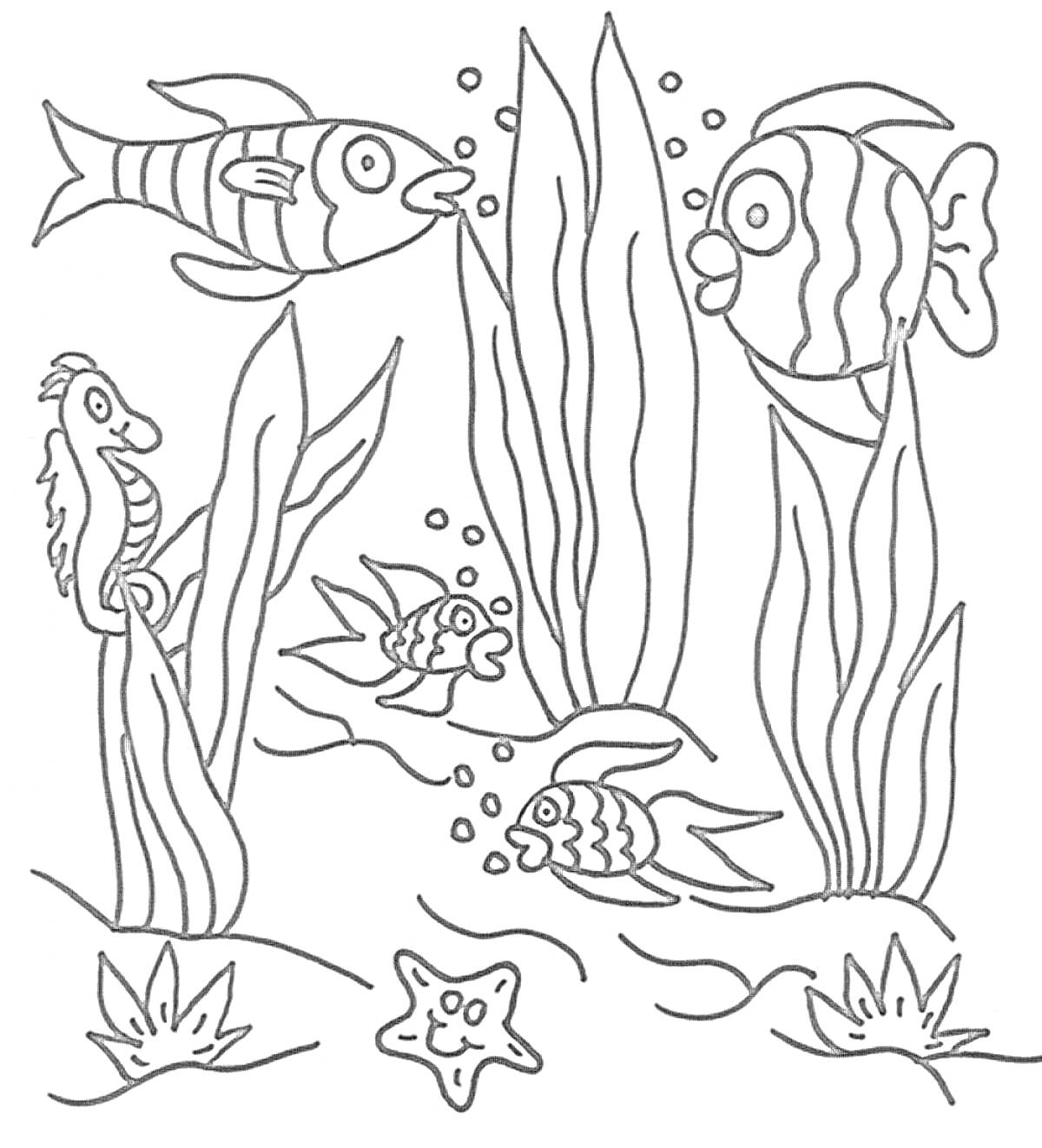 На раскраске изображено: Морской конек, Морская звезда, Водоросли, Пузыри, Подводный мир, Творчество, Океан, Море, Для детей, Рыба