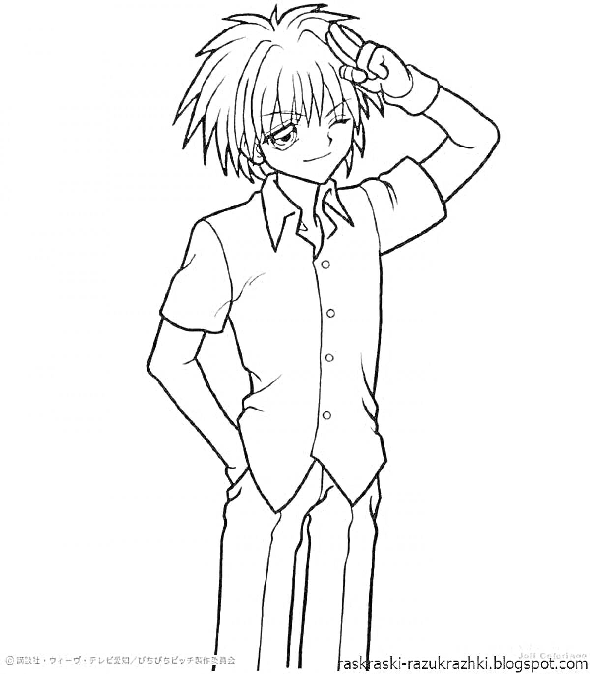 Раскраска Аниме мальчик в рубашке со знаком руками на голове