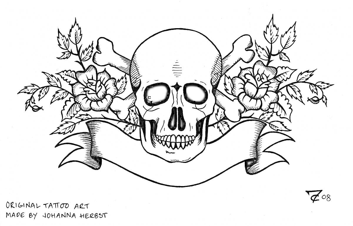 Раскраска Череп с перекрещенными костями, розами и лентой