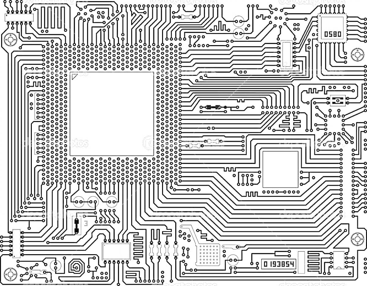 Раскраска Электронная плата с микросхемами, дорожками и компонентами