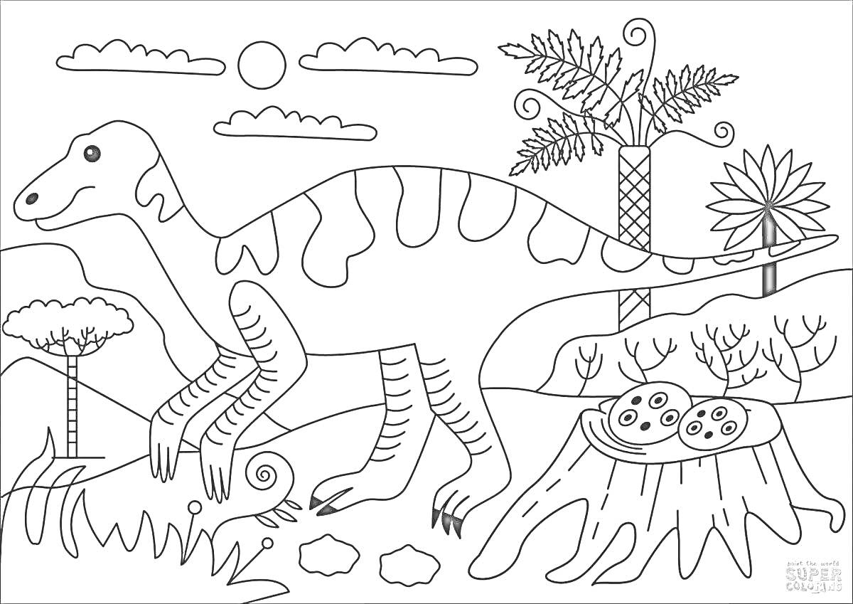На раскраске изображено: Динозавр, Доисторический лес, Гнездо, Яйца, Пень, Папоротник, Горы, Небо, Солнце, Облака