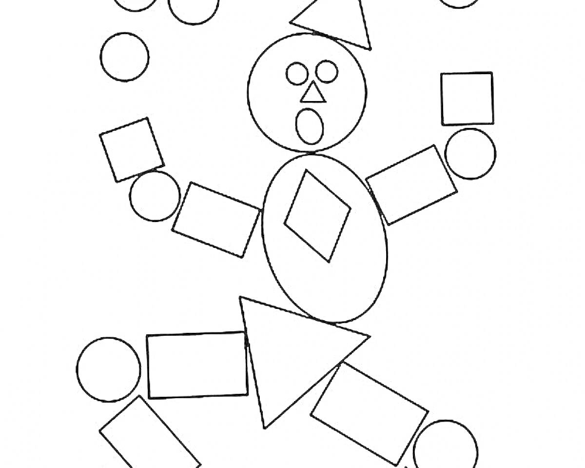 Раскраска Клоун из геометрических фигур с кругами, квадратами, треугольниками, овалами и прямоугольниками