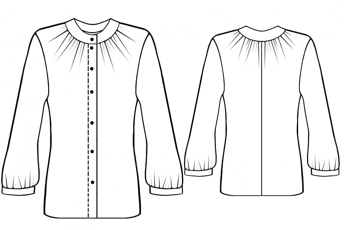 Раскраска Блузка с длинными рукавами, застежкой на пуговицы и оборками на плечах и манжетах