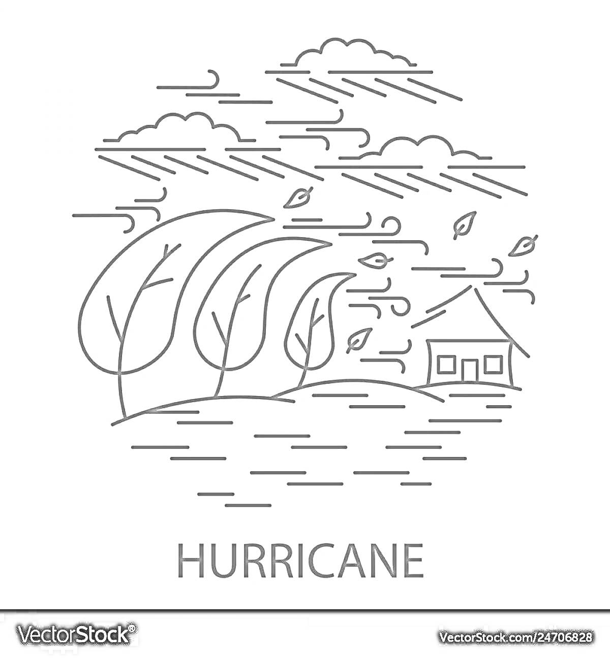 На раскраске изображено: Наводнение, Ураган, Ветер, Деревья, Дом, Листья, Облака, Стихия, Природа