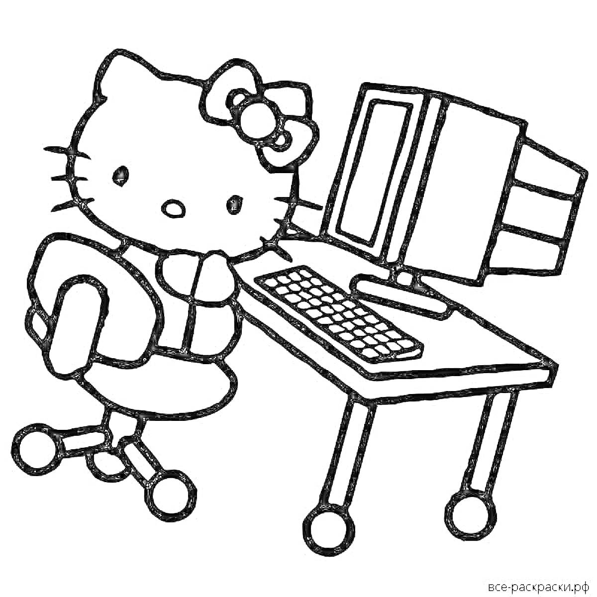 На раскраске изображено: Hello Kitty, Компьютер, Стул, Стол, Клавиатура, Мышь, Монитор, Для детей
