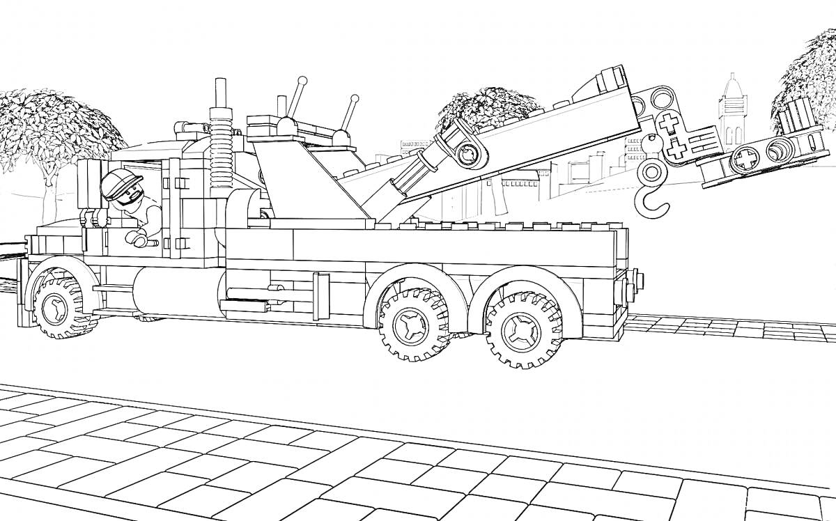 Раскраска Лего джип с краном для буксировки на улице среди деревьев и домов
