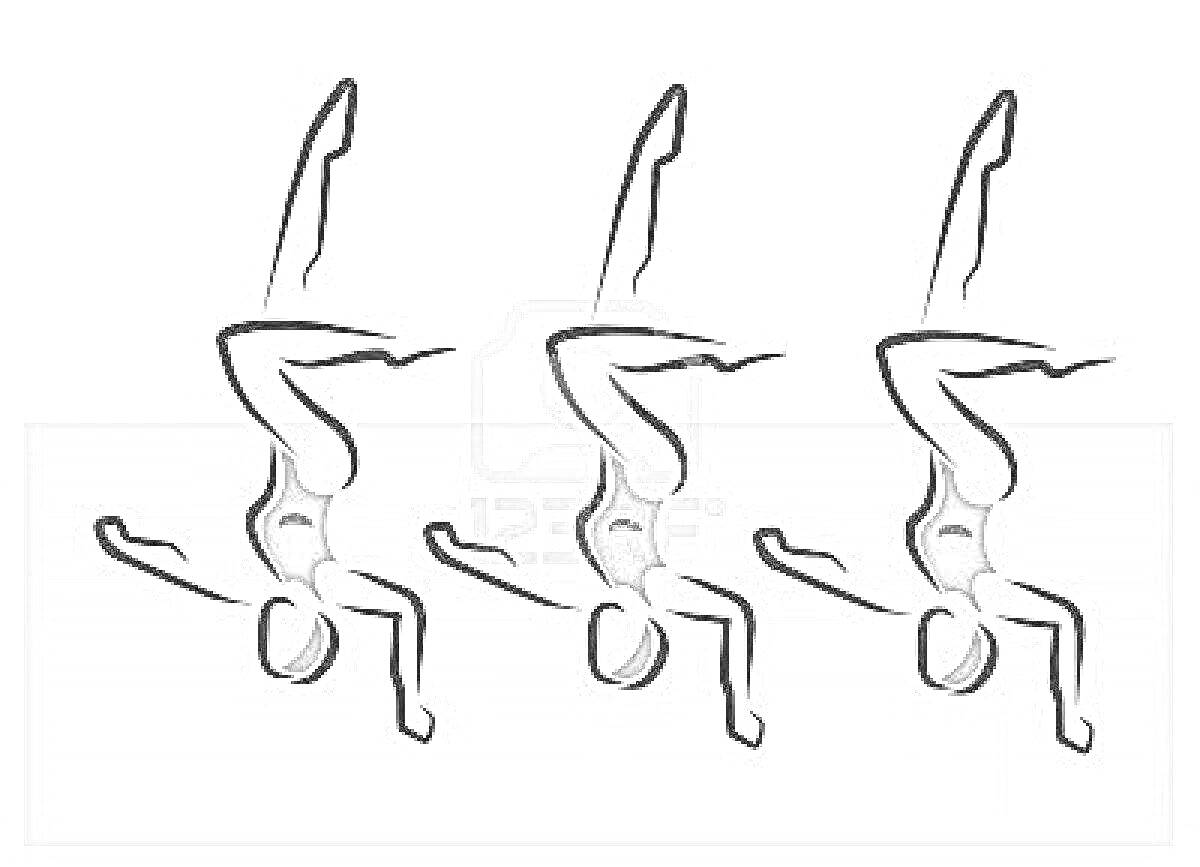 Раскраска Синхронное плавание, трое спортсменов в воде выполняют вертикальный шпагат вниз