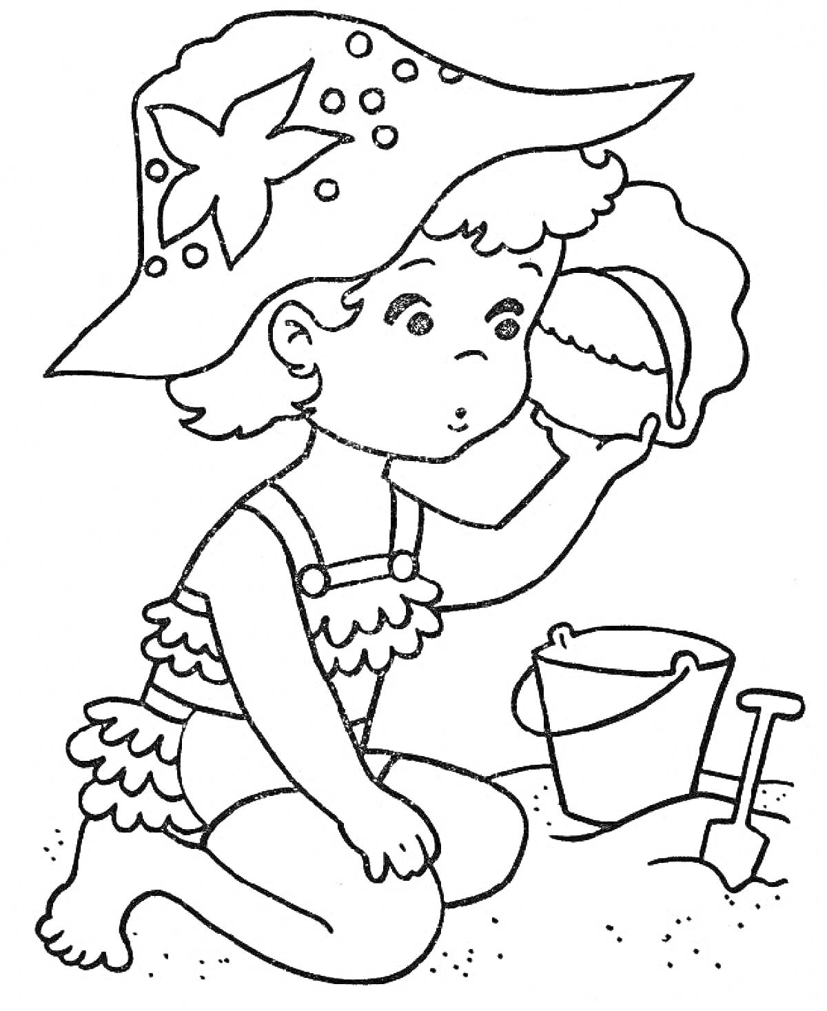 Раскраска Ребенок в шляпе с ведерком и лопаткой на пляже