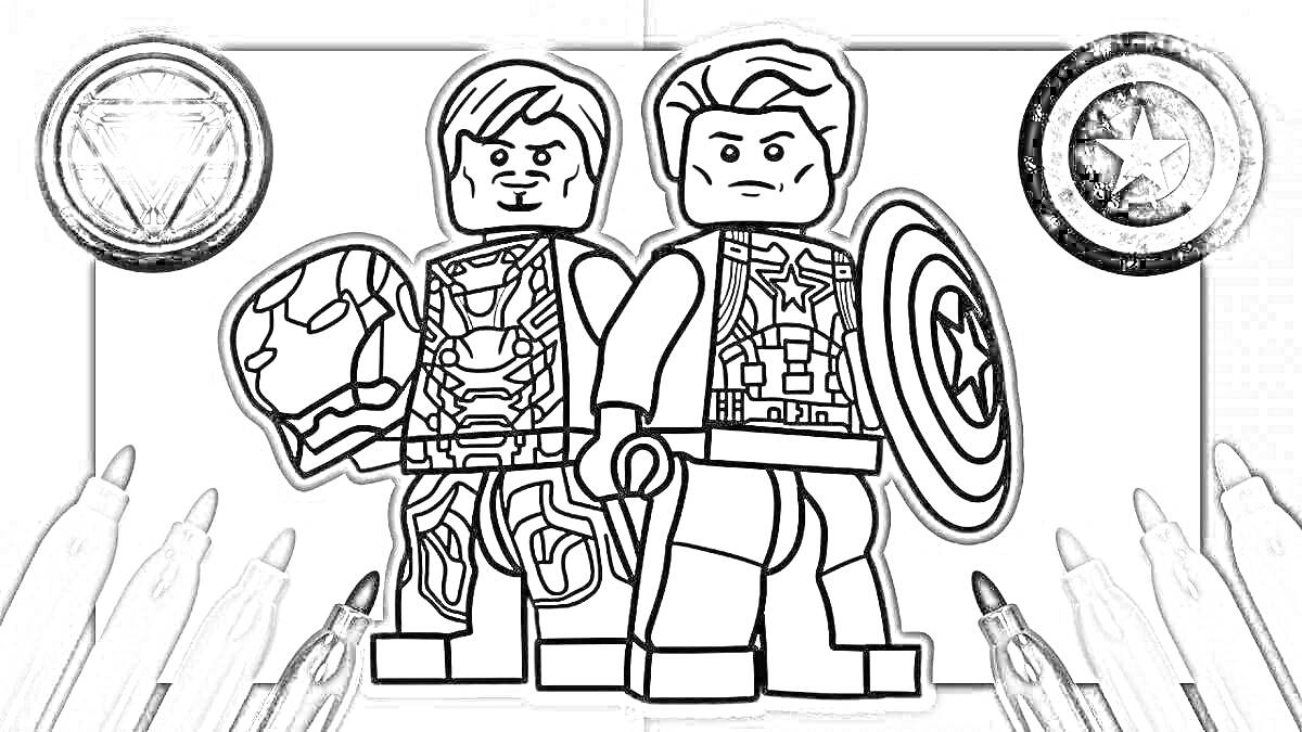 Раскраска Два Лего Мстителя с железной рукой и щитом на фоне символов героев