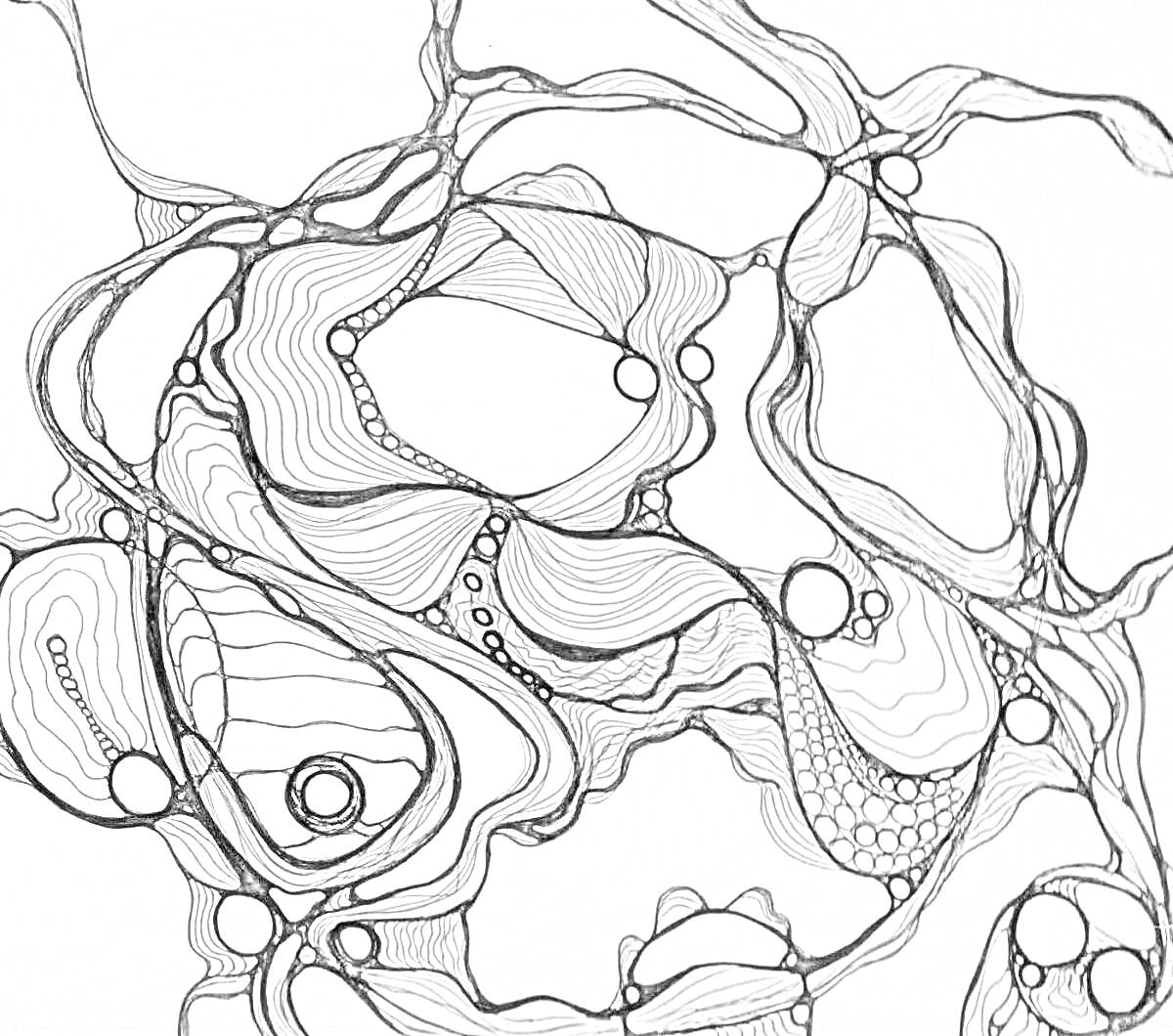 Раскраска Нейрографическая композиция с завитками, линиями, кругами и сетчатыми текстурами