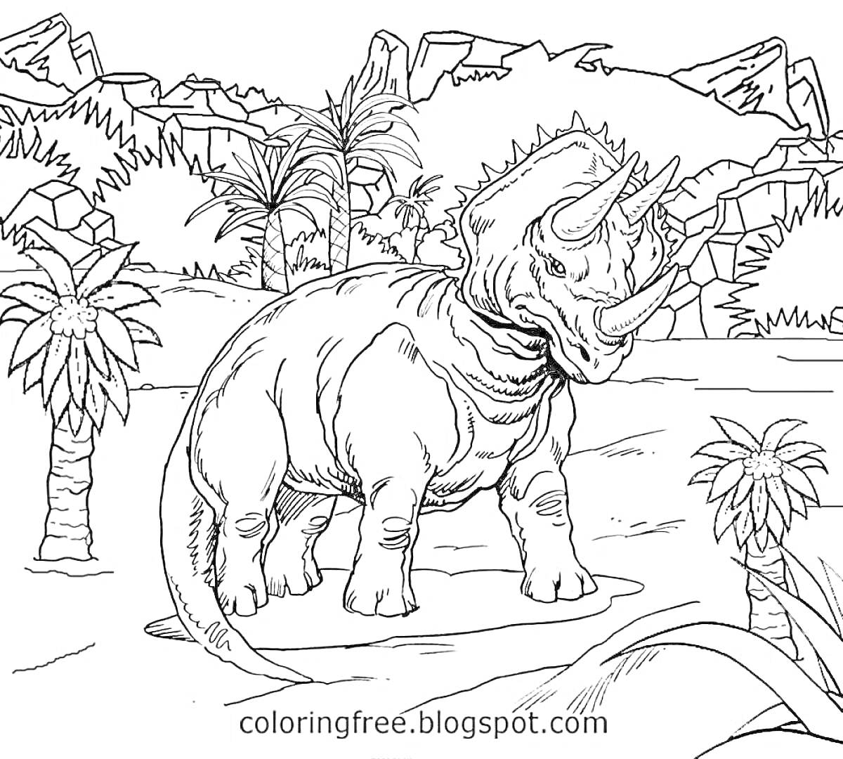 На раскраске изображено: Динозавр, Рога, Лес, Пальмы, Горы, Юрский период, Природа