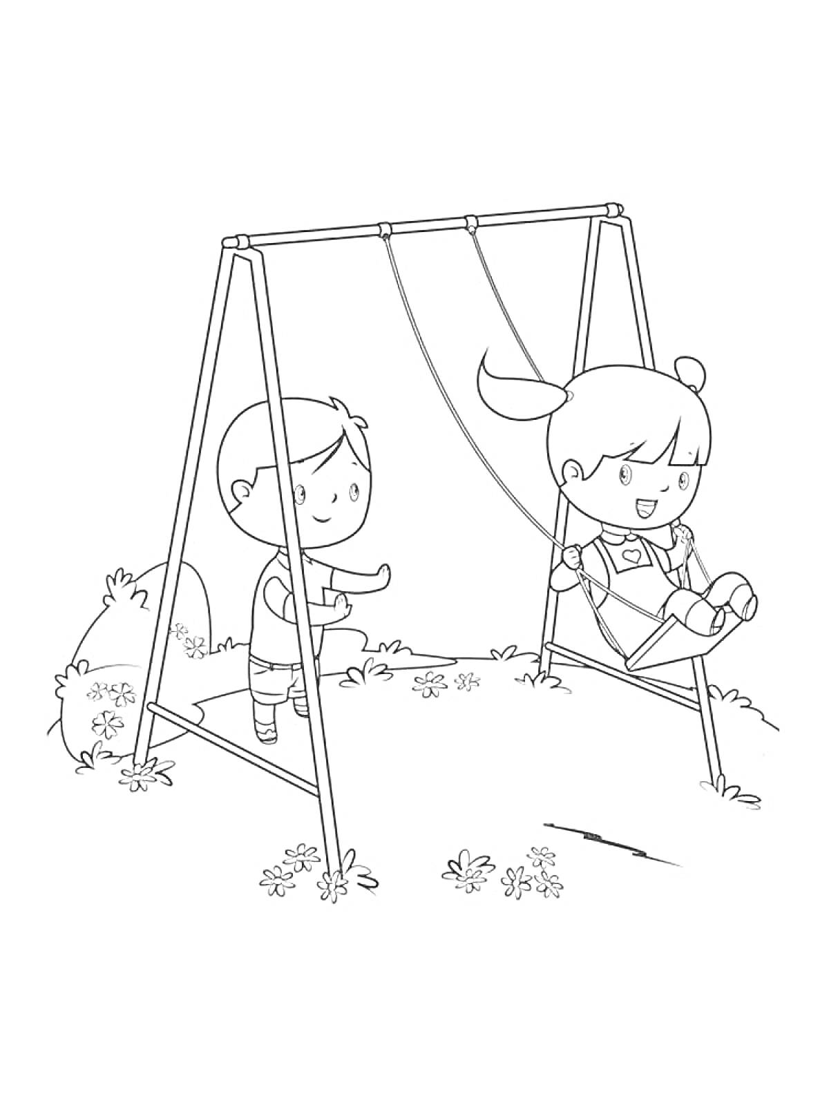 Раскраска Дети играют на качелях в парке, мальчик толкает девочку на качелях, на заднем плане цветы и кусты