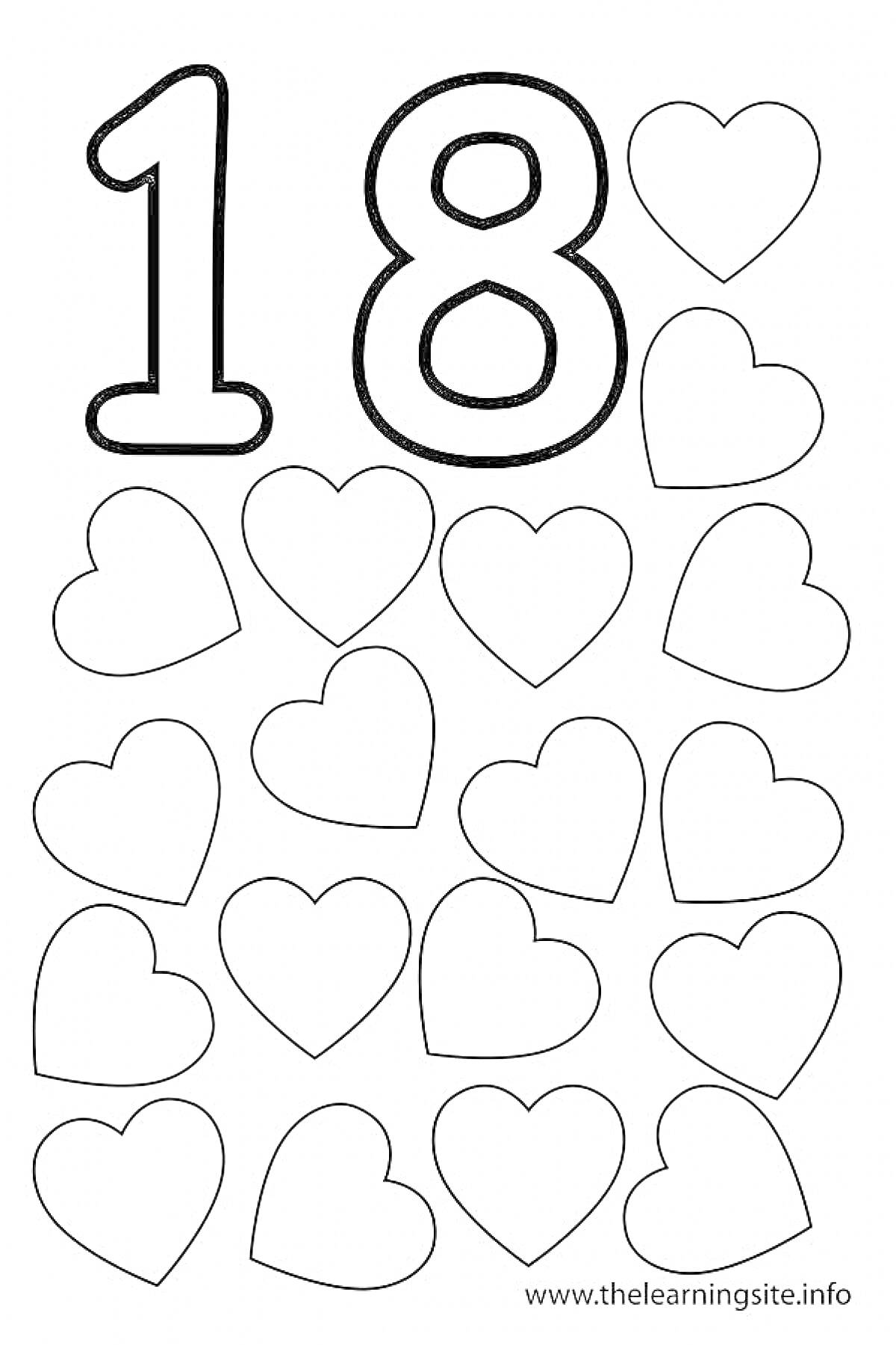 Раскраска Число 18 с девятнадцатью сердечками