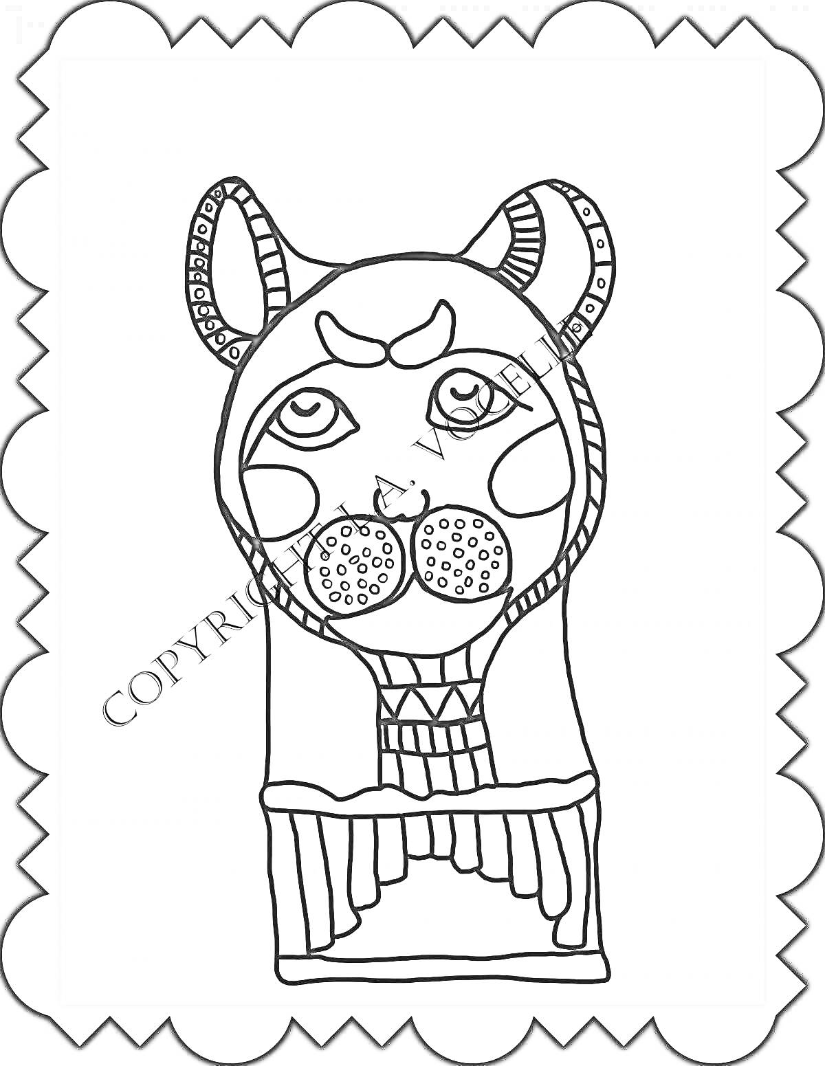 Раскраска египетская кошка с декоративными узорами и амулетами