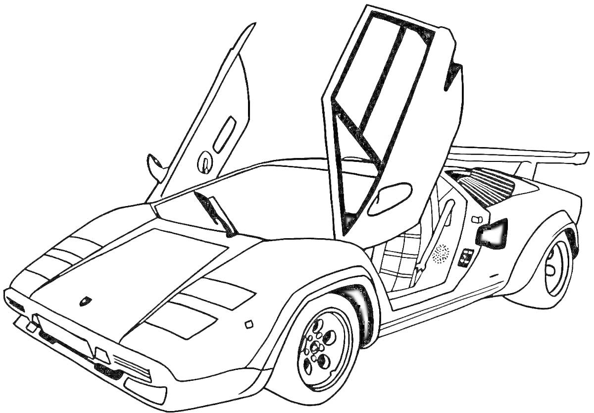 Раскраска Спортивный автомобиль с открытыми дверями и спойлером