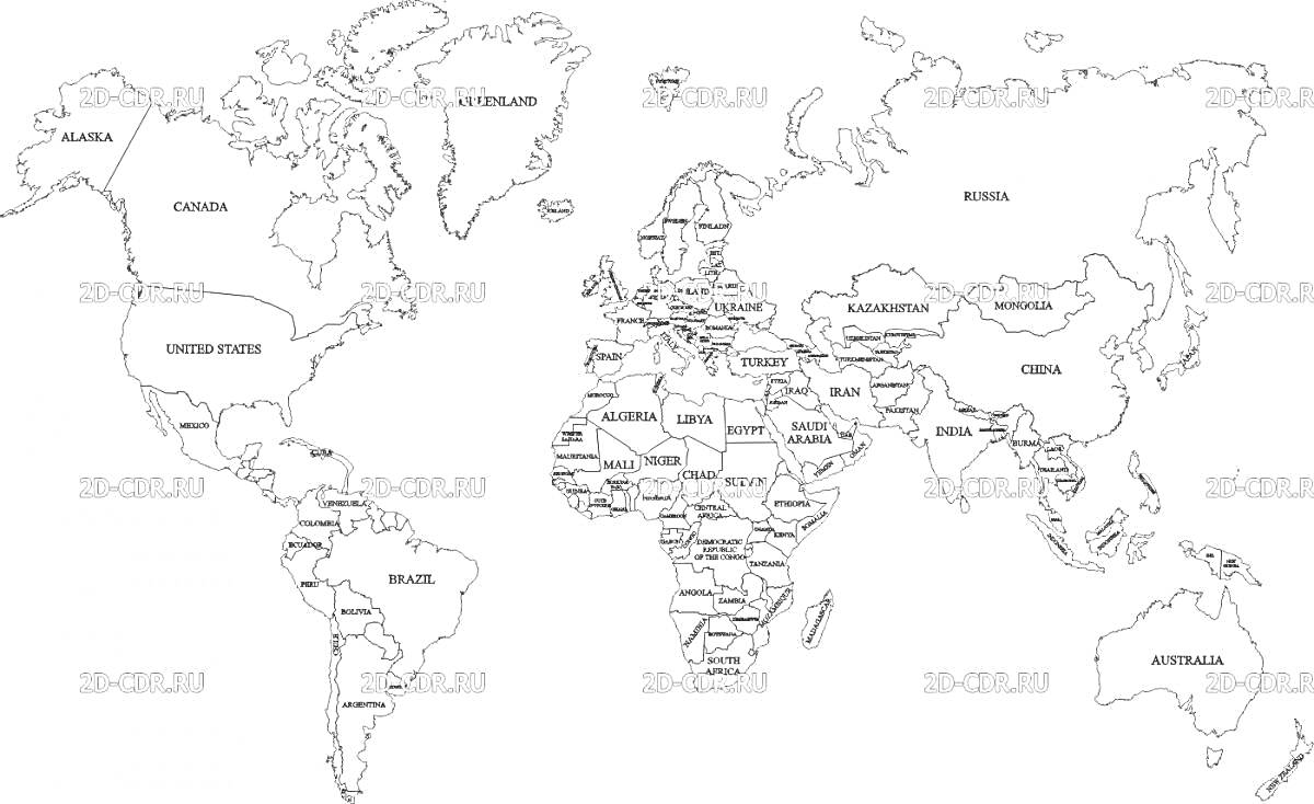 карта мира с границами всех стран и подписанными названиями государств