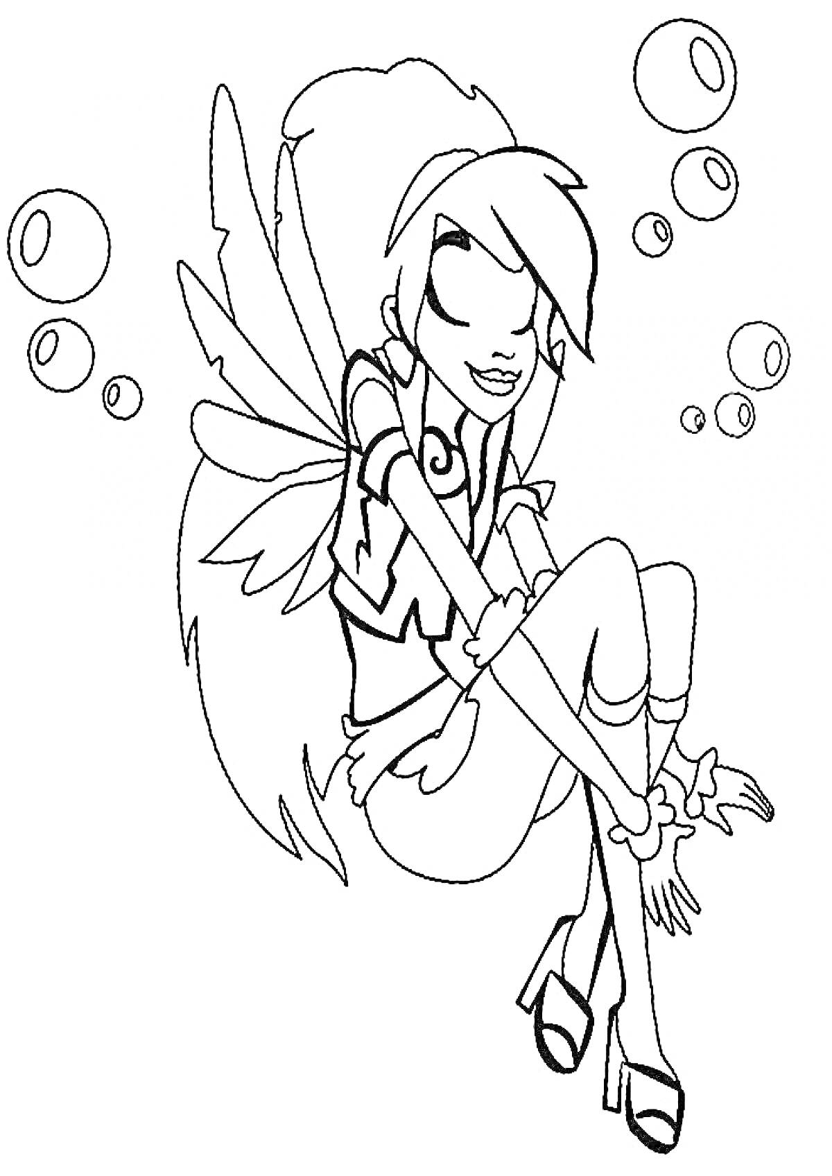 Раскраска Девушка с крыльями, сидящая на корточках и окруженная пузырьками