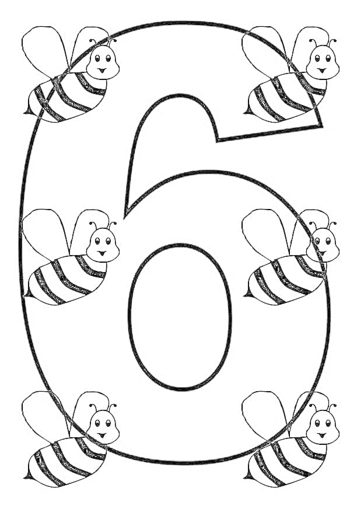 На раскраске изображено: Цифра 6, Пчелы, Математика, Обучение, Цифры
