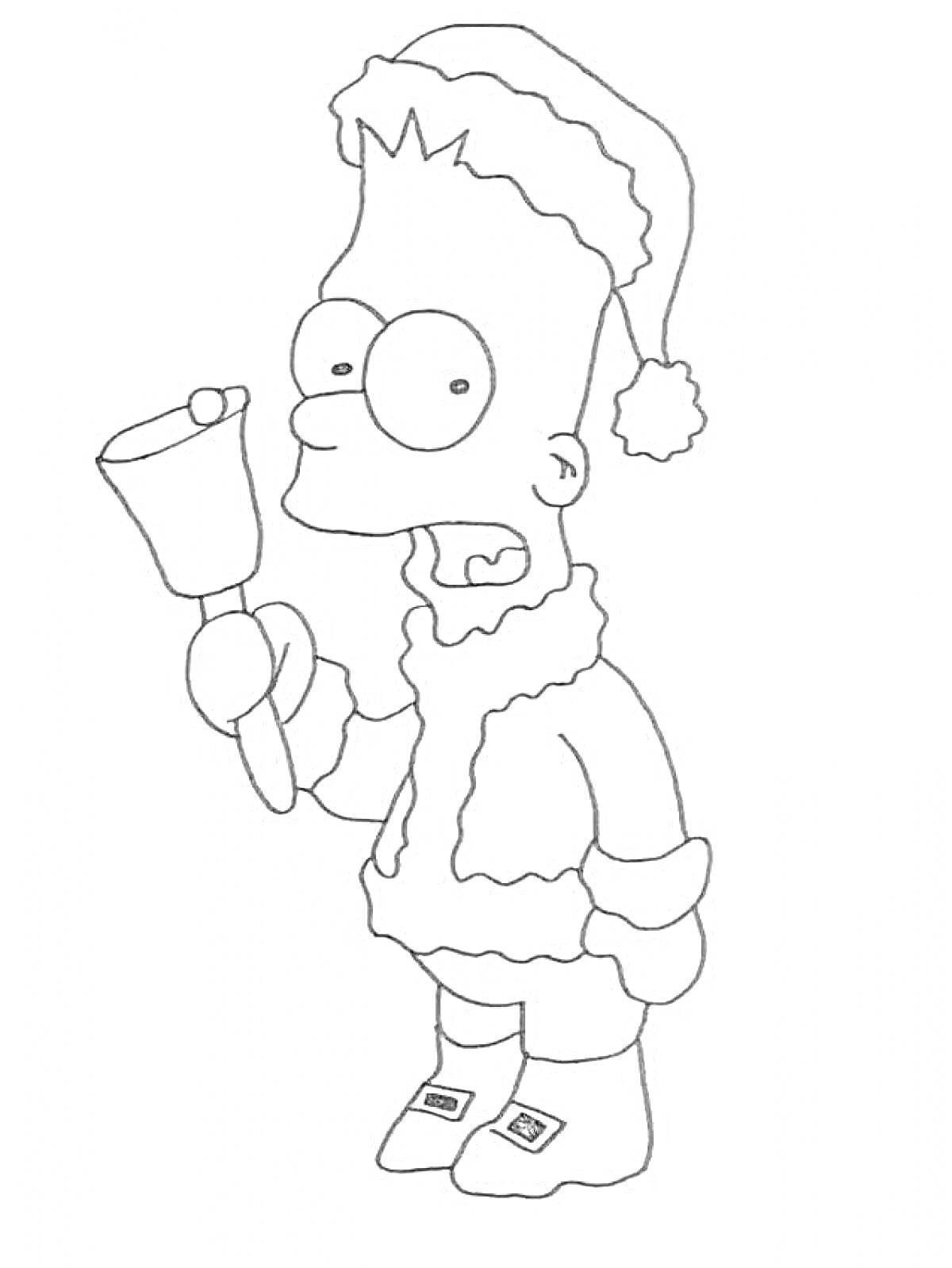 На раскраске изображено: Барт Симпсон, Новый год, Колокольчик, Шапка, Костюм