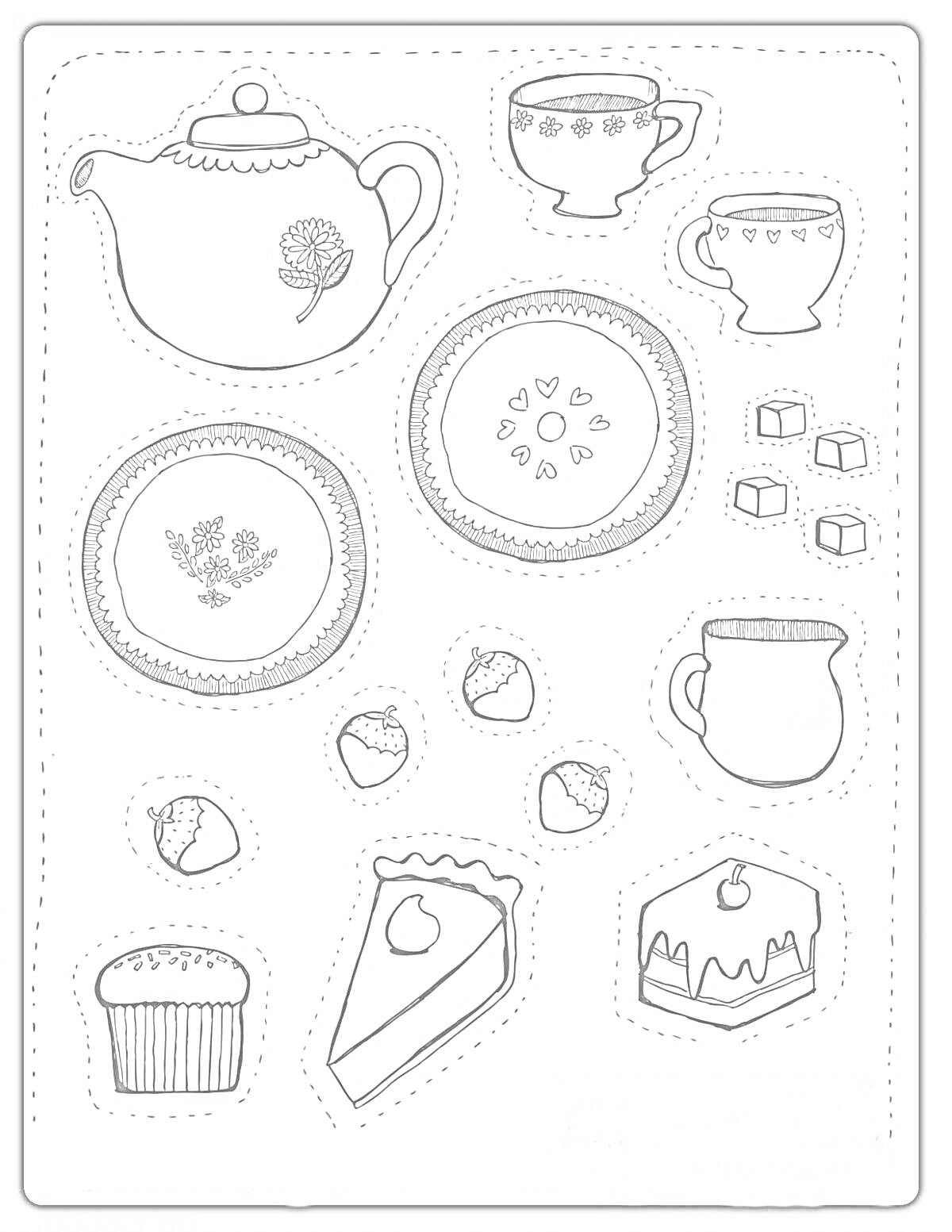 Раскраска Чайный сервиз с блюдом, чашками, кексами, кусочками торта и сахаром