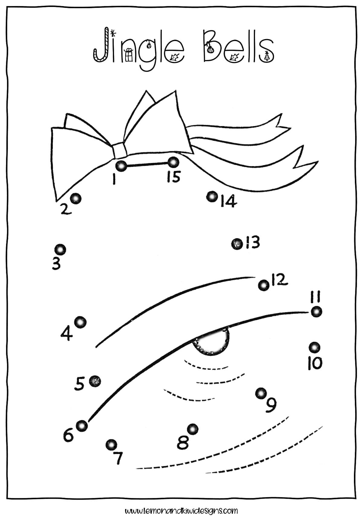 Раскраска Новый год по точкам - бант и колокольчик