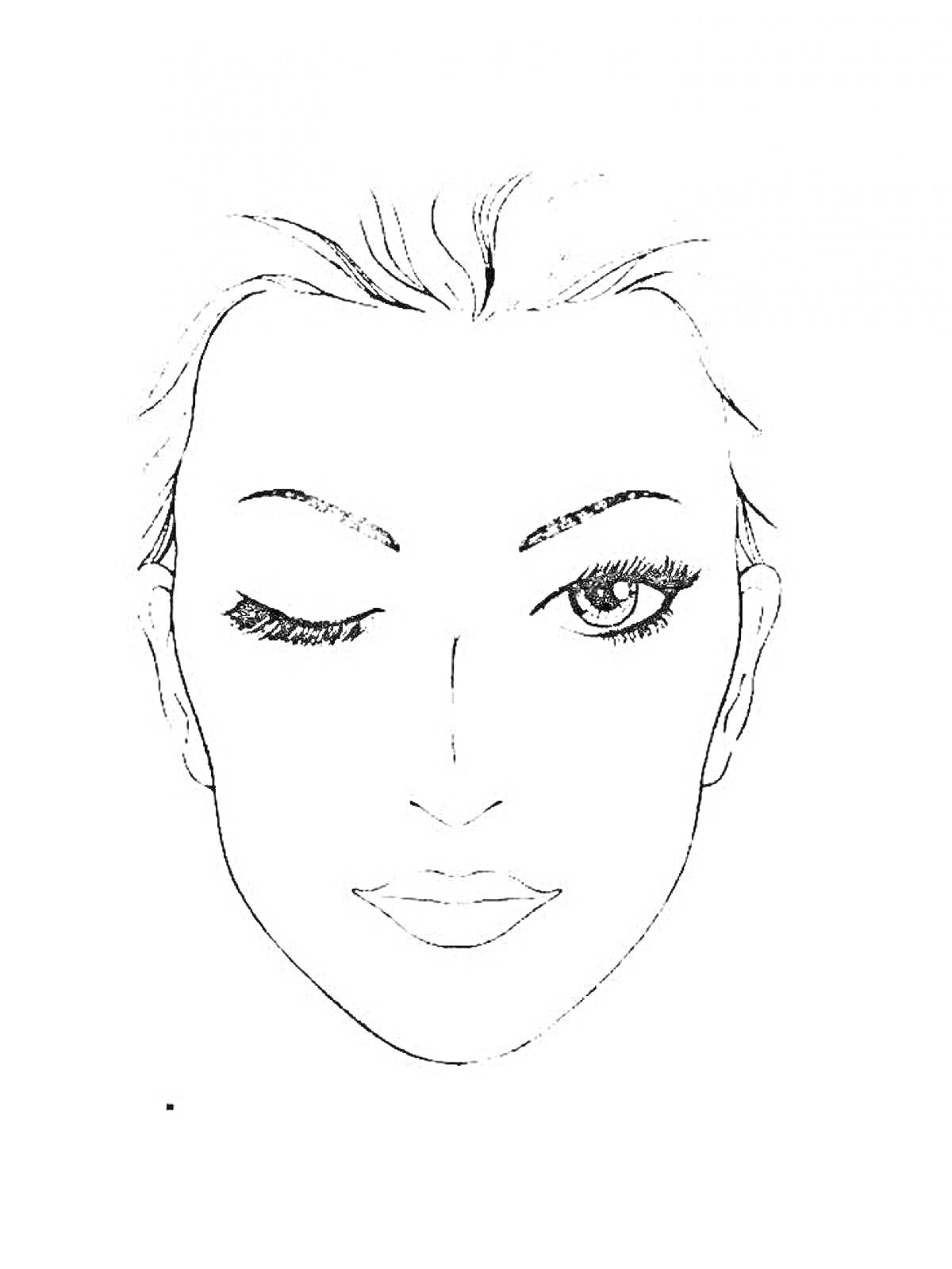 Раскраска Лицо для макияжа с одним открытым глазом, закрытым левым глазом, подведенными бровями и губами