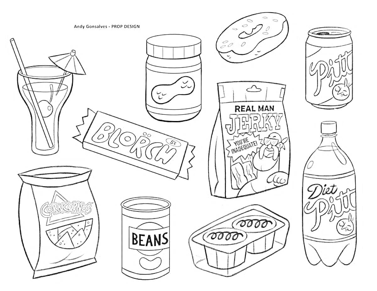 Бумажные сюрпризы с едой — напиток с трубочкой и зонтиком, баночка с арахисовым маслом, пончик, коробка с кексами (пирожными), упаковка чипсов, батончик с надписью 