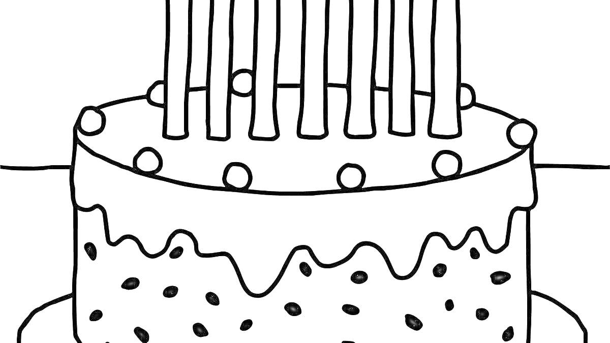 Раскраска Торт с палочками и круглыми украшениями, на тарелке, с глазурью