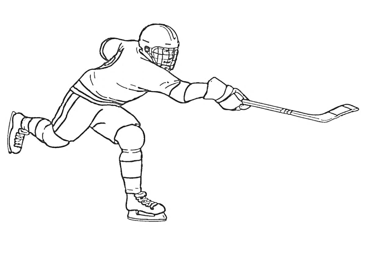 Раскраска Хоккеист в экипировке с клюшкой в движении