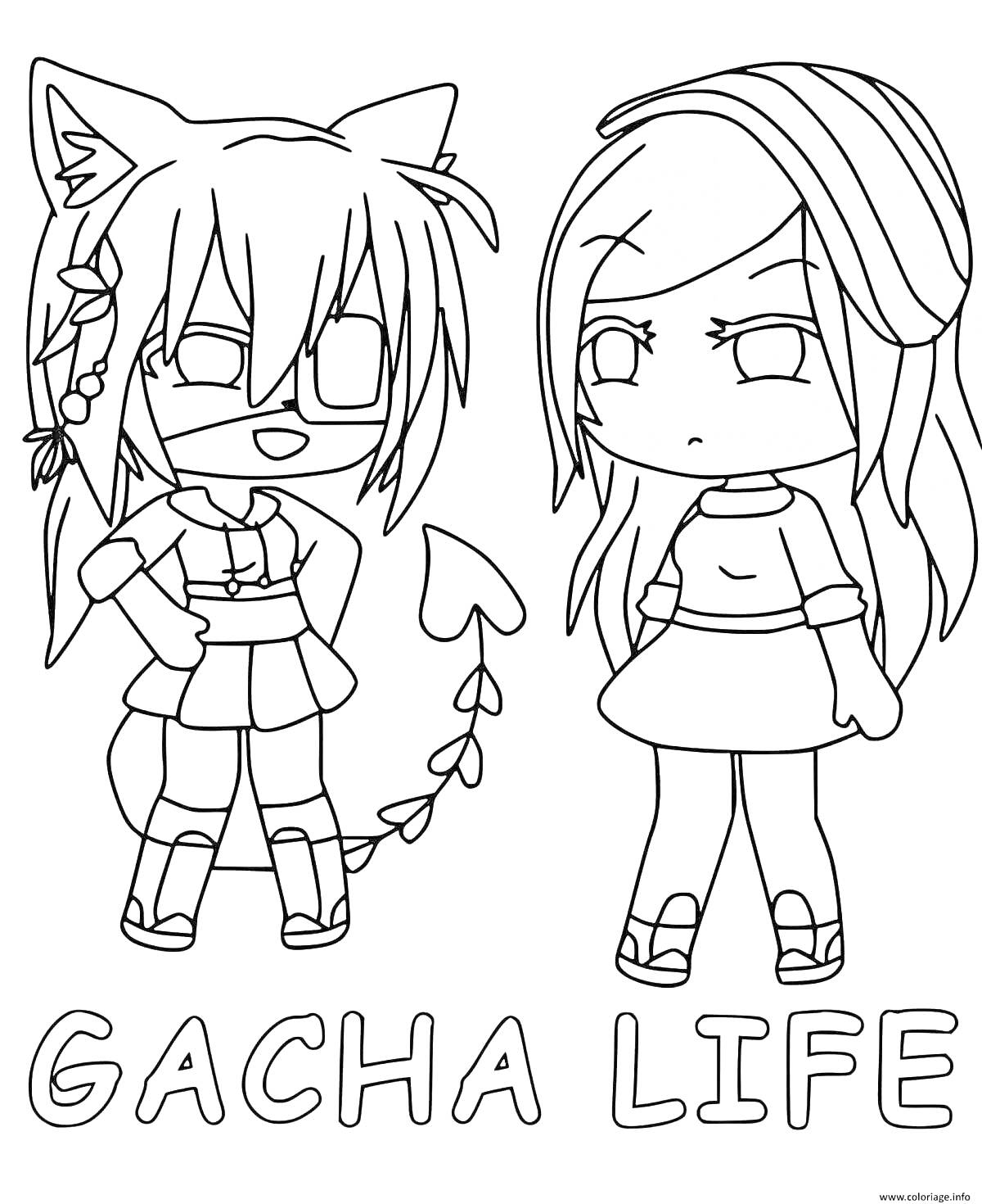 Раскраска две девочки в стиле Гача Лайф, одна с ушками, очками и хвостом, вторая с длинными волосами и ободком