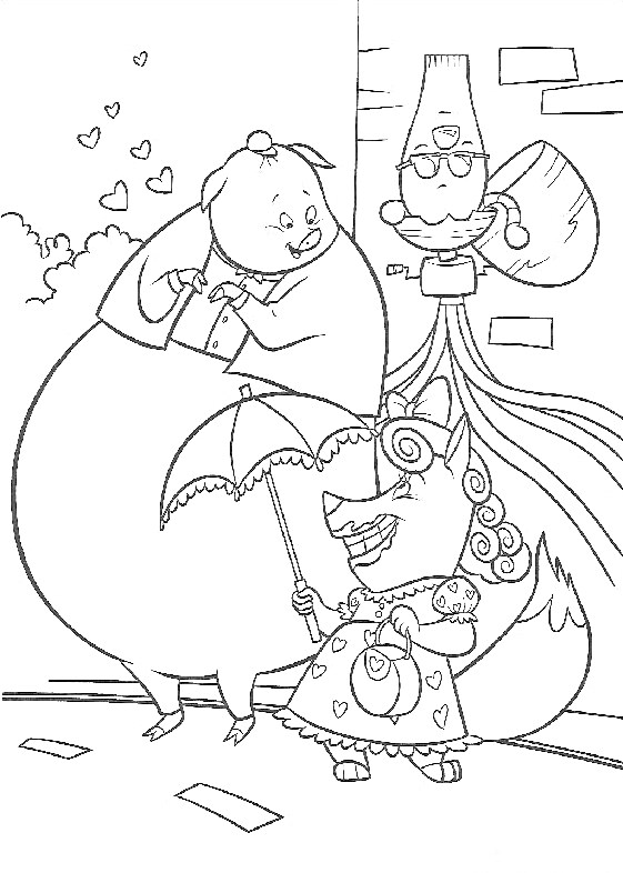 Раскраска Свинья с бабочкой на шее и сердечками, лиса с зонтом и сумочкой, маленький персонаж с ведром на голове и веником на улице