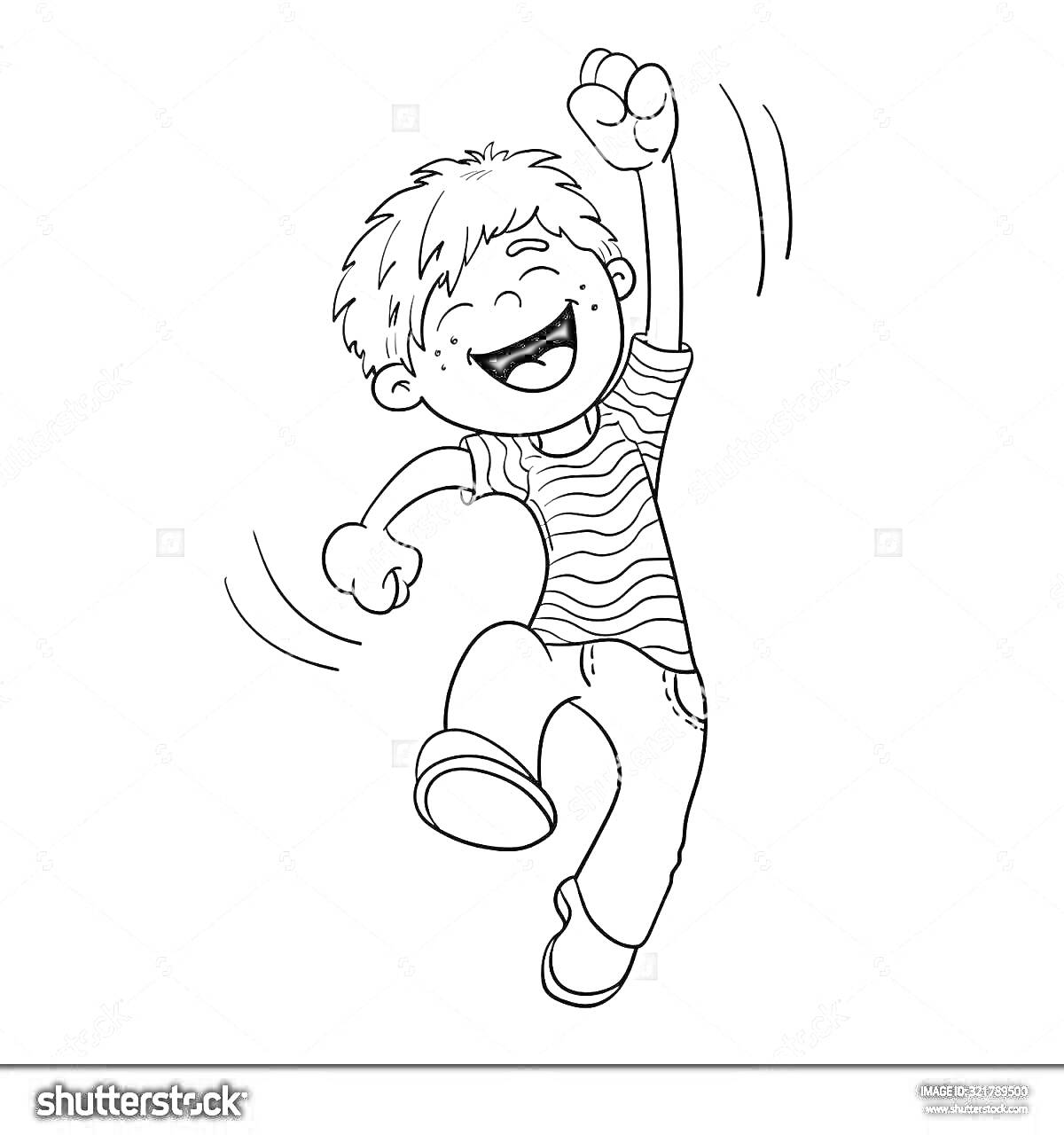 На раскраске изображено: Мальчик, Улыбка, Радость, Полосатая футболка, Движение, Веселье, Активность