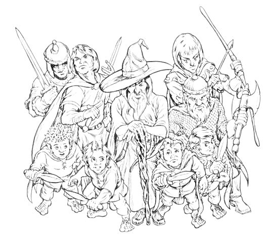 Раскраска Группа персонажей Хоббита с оружием (мечи, посох, топор)