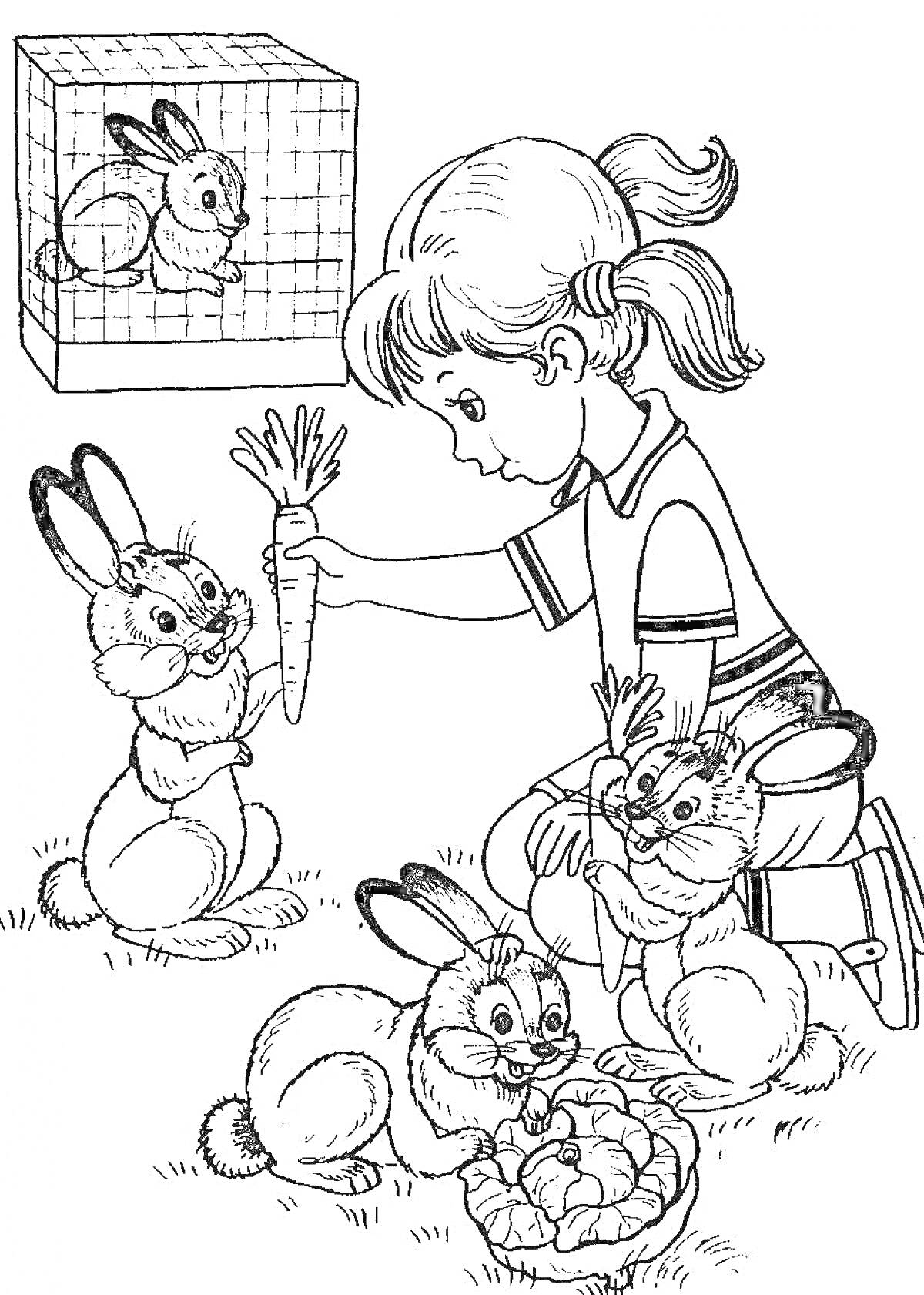 Раскраска Девочка кормит кроликов морковью и капустой, один кролик в клетке