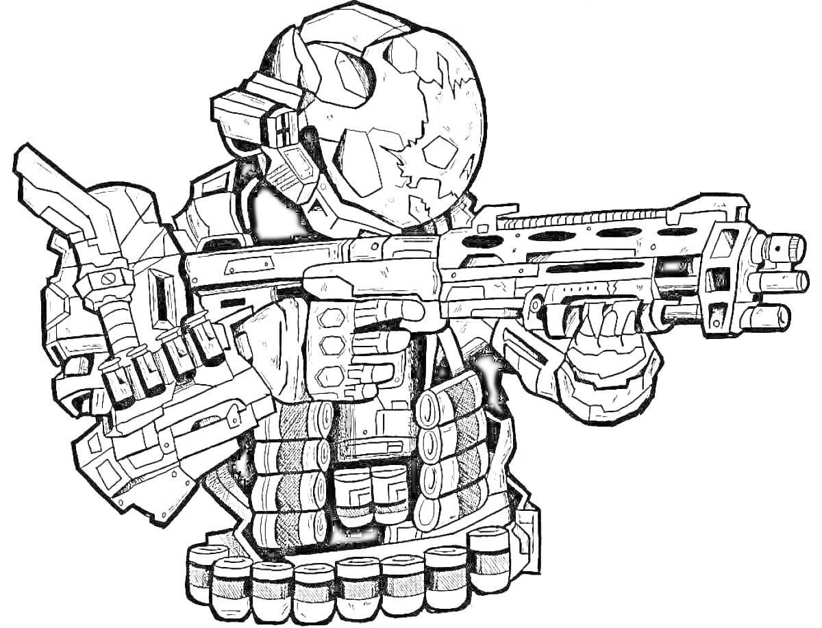Раскраска Солдат в броне с штурмовой винтовкой, патронные ленты, каска