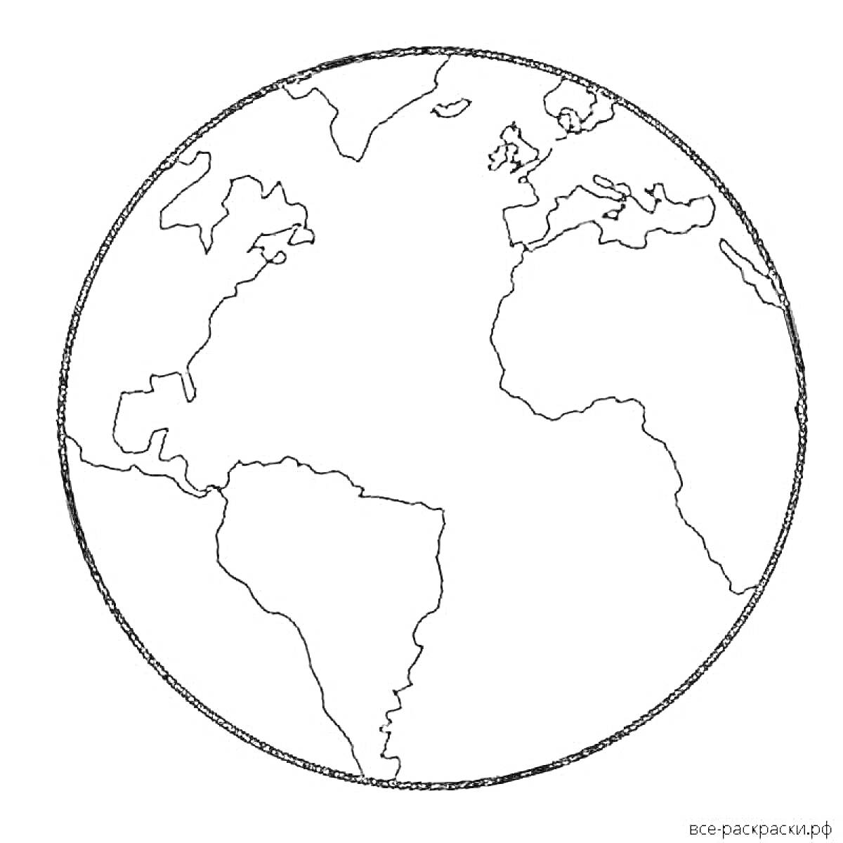 Раскраска Контур глобуса с изображением Северной и Южной Америки, Европы и Африки