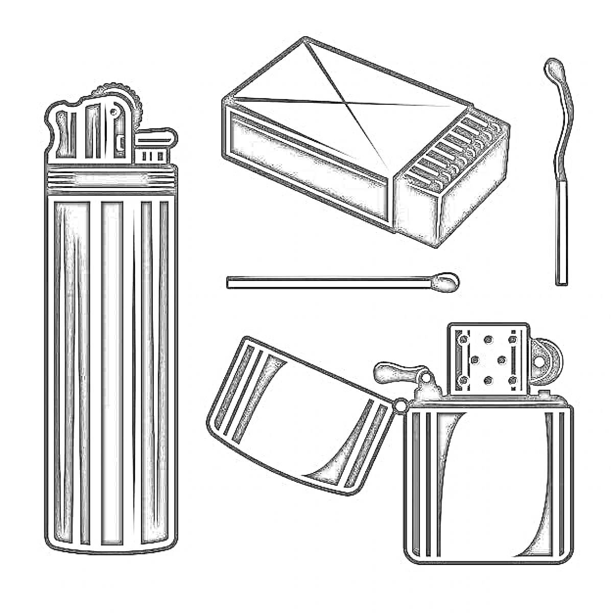 На раскраске изображено: Зажигалка, Коробок спичек, Спичка, Огонь, Безопасность, Пламя, Инструмент