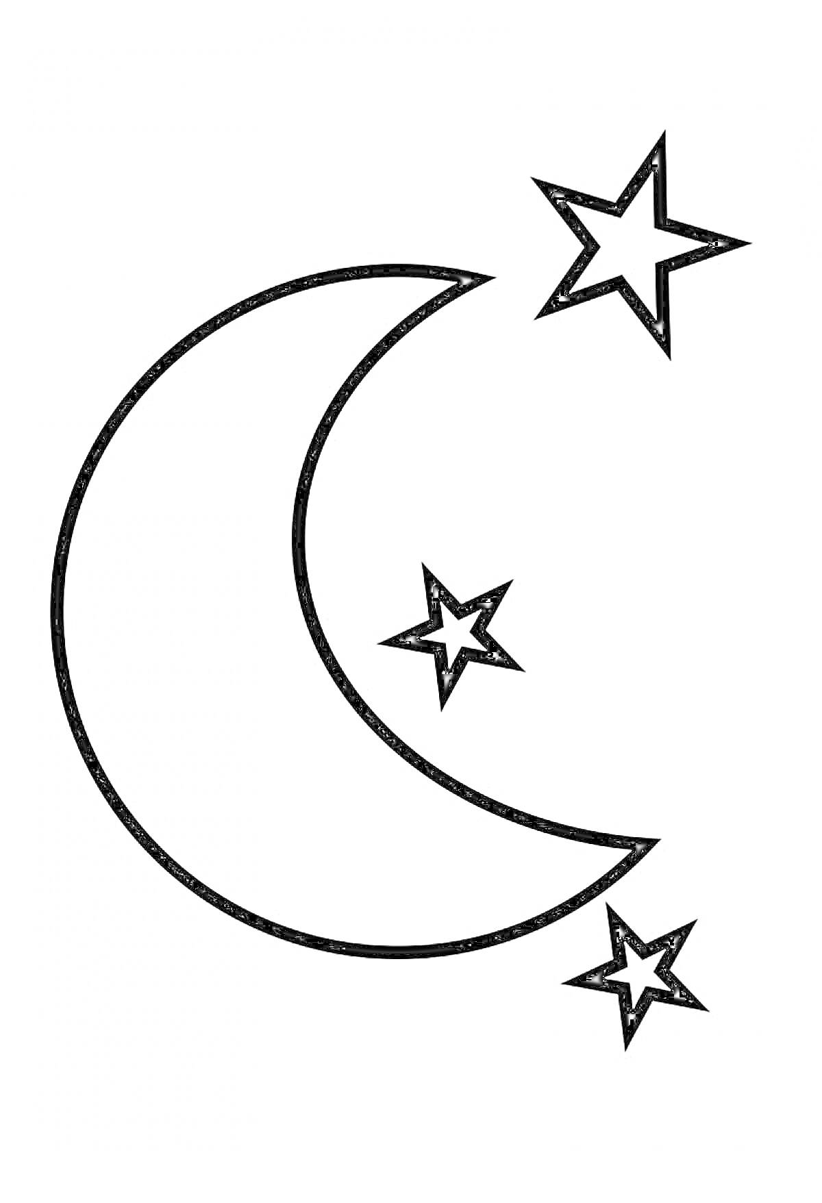 На раскраске изображено: Месяц, Полумесяц, Звезды, Небо, Ночь, Для детей, Контурные рисунки