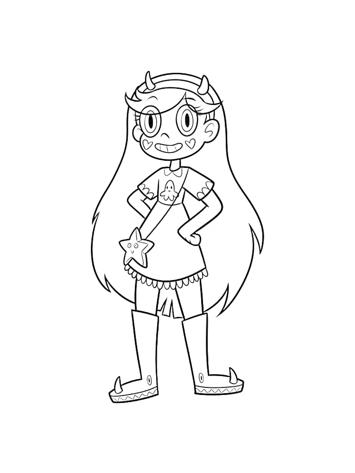 Раскраска Девочка-звездочка с длинными волосами, рожками на голове, сердечками на щеках, в платье с символом осьминога и модные сапоги