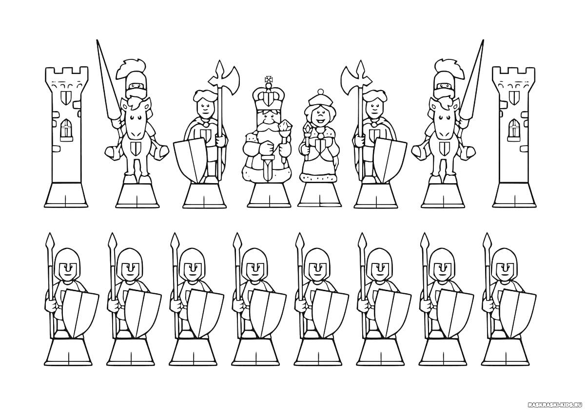Раскраска Раскраска шахматные фигуры в виде рыцарей, пешек и замков