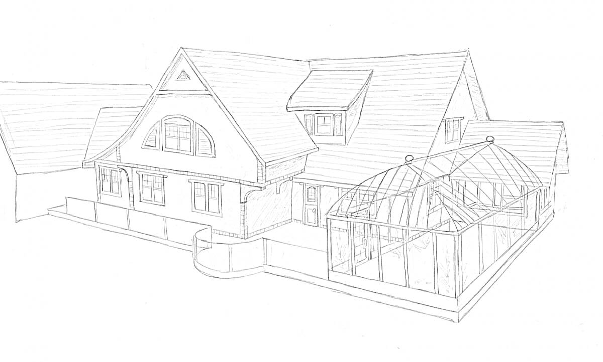 Раскраска Проект загородного дома с зимним садом