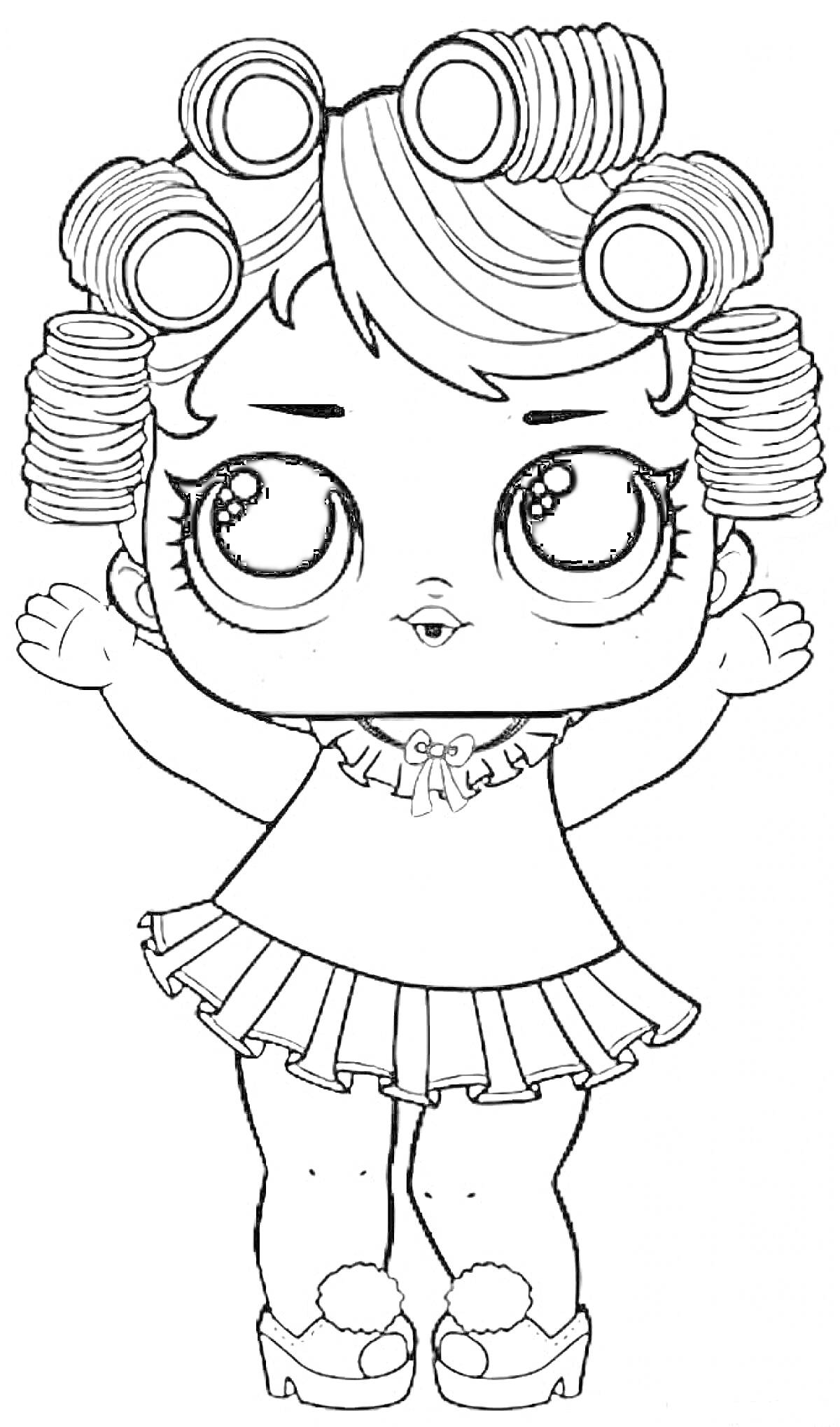 Раскраска Кукла Лол с бигуди, в платье с рюшами и тапочках с помпонами