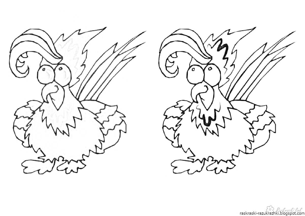 Раскраска Две курицы с большими глазками, одна окрашенная, другая для раскрашивания
