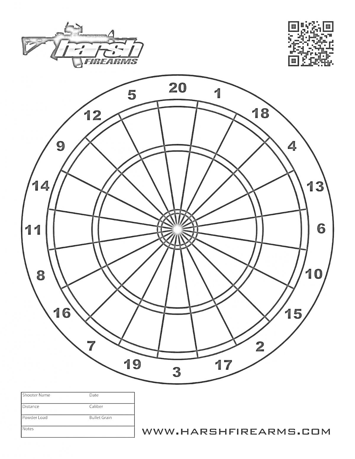 Раскраска Дартс с номерами от 1 до 20, логотипом, QR-кодом и таблицей на сайте harshfirearms.com