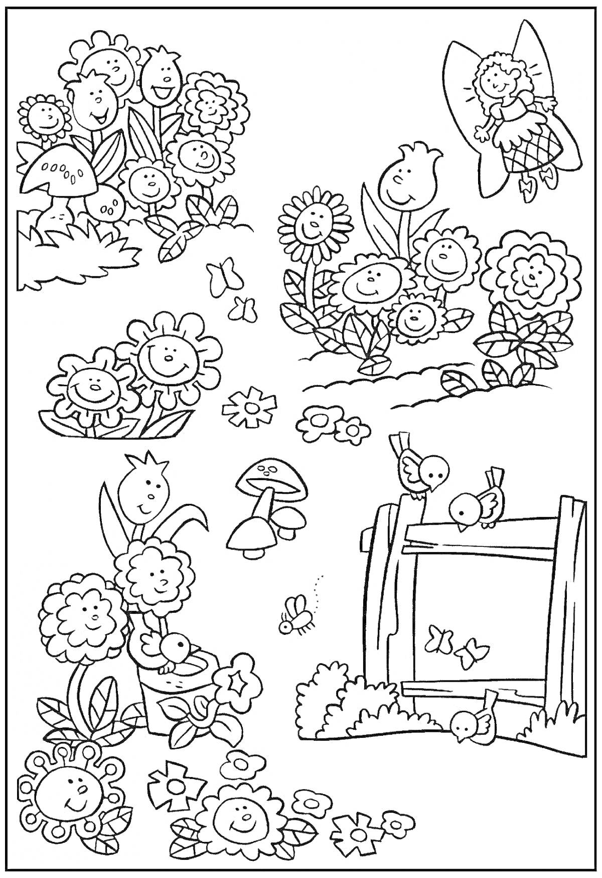 Раскраска Клумба с цветами, бабочками, птичками и феей